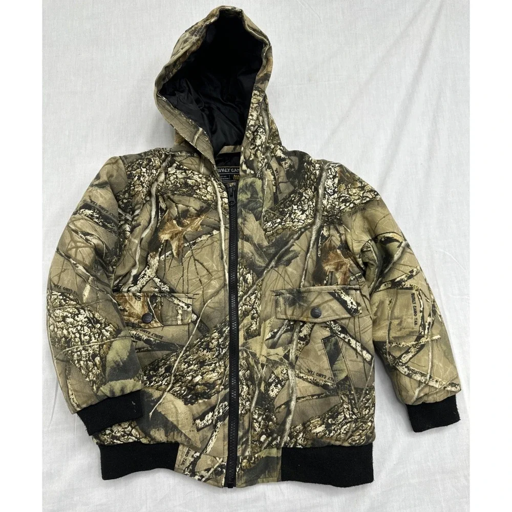 WFS Burly Camo Hooded Hunting Coat Jacket Kids Size M Quilted Lined Full-Zip - Picture 1 of 10